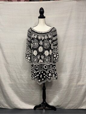 Vintage Collection Embroidered Boho Dress | Black & Ivory | Size Medium